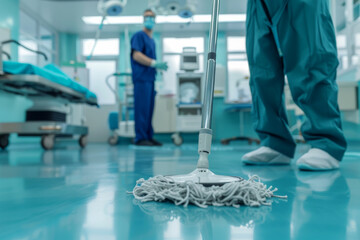 Hospital sanitation staff mopping the floor with a focus on cleanliness.