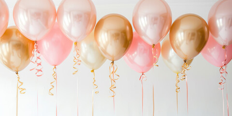 Pink and gold helium balloons with ribbons against white wall background. Party decor concept for birthday, wedding, or anniversary celebration. Ai generation.