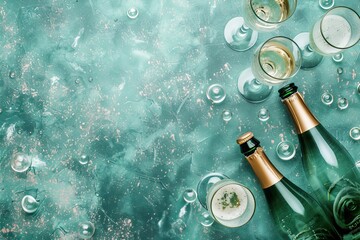 Bottles of champagne and glasses on a green background with bubbles, top view, flat lay, space for text. National Bubbly Day.