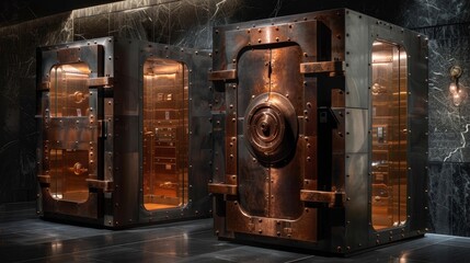 ornate steampunk vault door with glowing green light