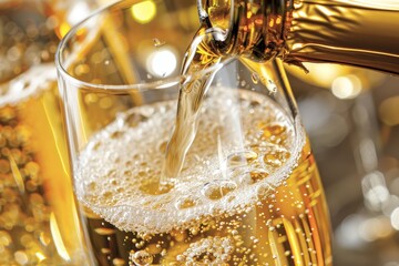 Closeup of champagne being poured into glass, bubbles and golden hues. National Bubbly Day.