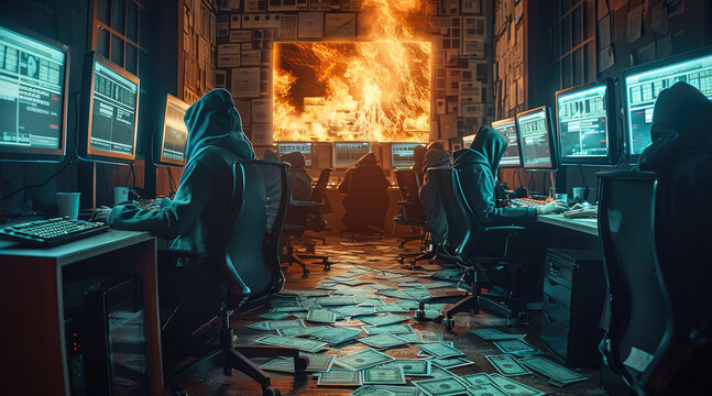 A group of scammers are all on computers and phones and one large screen on the floor is a lot of money. Generative AI.