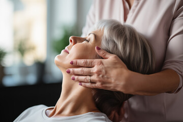 Female physiotherapist hands over the neck and face of a mature woman reflecting cervical care of older people.