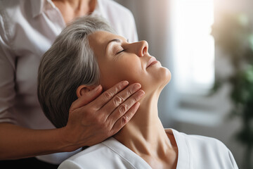 Older people healthcare. Female physiotherapist hands over the neck and face of a mature woman reflecting cervical care of older people.