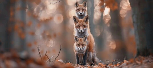 A fox with its cub on top in the forest, front view, bokeh background.