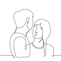 woman looks hypnotized into the face of a man who is taller than her - one line art vector. concept woman in love, heed someone else's word, height difference