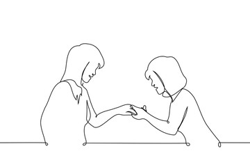 woman showing ring to another woman or lesbian engagement - one line art vector. concept women in love, woman admires her friend's engagement ring
