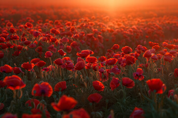 Fototapeta na wymiar Beautiful field of red poppies in the sunset light. Israel, Beautiful blossoming red poppies.