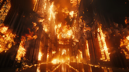 Interior of burning cathedral, concept of hell, catastrophe - obrazy, fototapety, plakaty