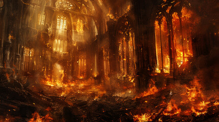 Interior of burning church, hellish nightmare scene - obrazy, fototapety, plakaty