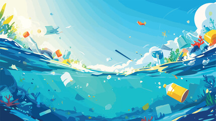 Garbage in polluted sea ocean water vector illustra - obrazy, fototapety, plakaty