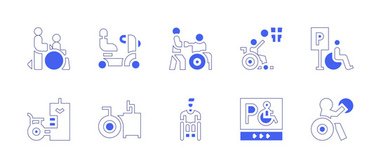 Disability icon set. Duotone style line stroke and bold. Vector illustration. Containing parking, care, disabled people, basketball, disabled person, disabled, workplace, wheelchair, sport.