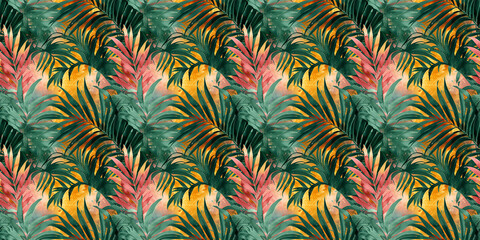 vintage background, floral seamless pattern with vintage damask elements, featuring leaves and plants, perfect for wallpaper, fabric, or textile design, watercolor tropical art deco pattern