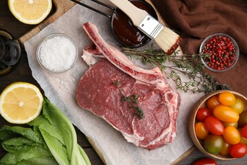 Flat lay composition with raw meat, thyme and marinade on table - obrazy, fototapety, plakaty