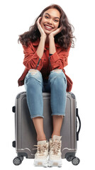 Radiant Travel Enthusiast Seated on Suitcase, Ready for Adventure, Isolated on Transparent Background