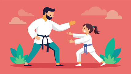 A parent teaches their child martial arts passing down knowledge and respect for different cultures through physical and mental discipline.