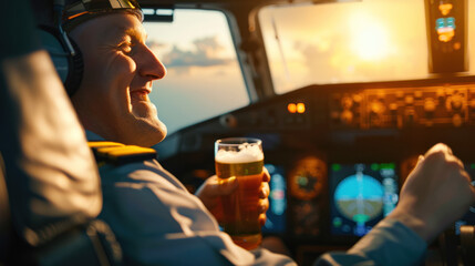 Grotesque image of a professional pilot drinking beer in flight - obrazy, fototapety, plakaty