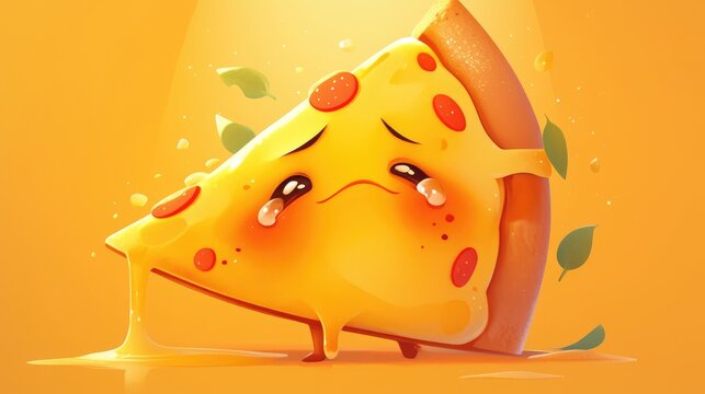 Adorable and melancholic pizza character depicted as a comical and downcast pie cartoon emoticon in a simplistic flat style This food emoji 2d illustration captures the essence perfectly