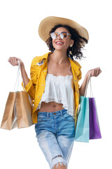 Stylish Woman with Bright Smile Holding Colorful Shopping Bags, Isolated on Transparent Background