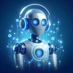 robot listening to music headphones blue technology background chatbot AI concept
