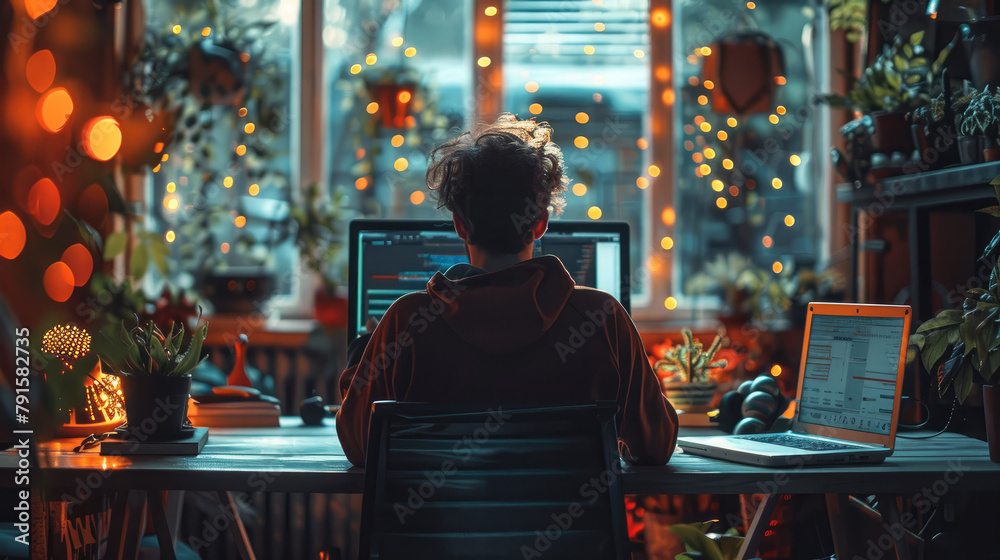 Aufkleber a developer while working hard on his laptop to meet a tight deadline. generative ai.