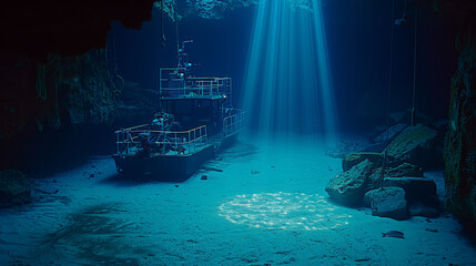A sunken ship is in a dark cave with a bright light shining on it - obrazy, fototapety, plakaty