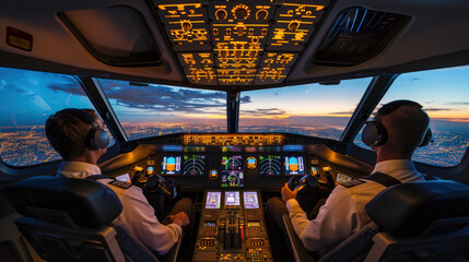 Flight crew of a commercial airliner, sunset - obrazy, fototapety, plakaty