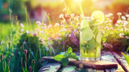 Tasty Mojito cocktail, picnic on blooming meadow in summer