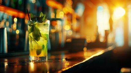 Mojito cocktail on bar counter, back light