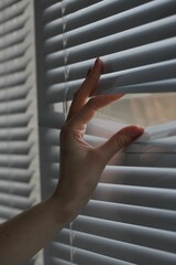 Woman separating slats of white blinds indoors, closeup - obrazy, fototapety, plakaty