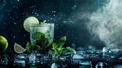 Mojito cocktail, mixed drink with mint and lime, dark background, studio shot