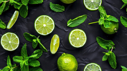 Flat lay, seamless background with mint sprigs and lime wedges, dark background