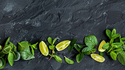 Fresh mint and ripe limes flat lay, frame for menu or recipe, on dark slate stone background