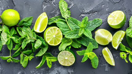 Limes and mint leaves on stone surface shot from above