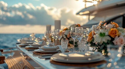 A wedding on a luxury yacht. dining table. Generative AI.