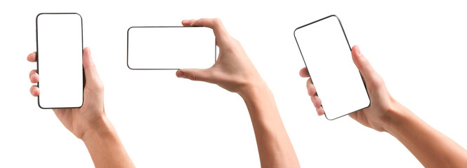 Man holding phone with blank screen on white background, closeup. Set of photos
