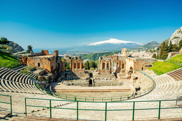 Taormina, Sicily. View of town, theater and Etna	