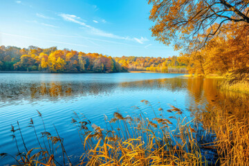 Autumn landscape in beautiful colorful nature. Lake view in autumn.