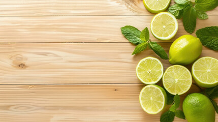 Mint and citrus flat lay, frame for a recipe on light oak surface, menu, Mojito cocktail concept