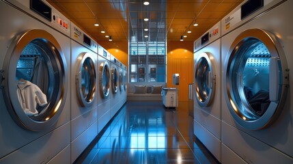 4 wet cleaning machines with clothes inside them, in a modern hi-tech busy dry cleaning business. Generative AI.