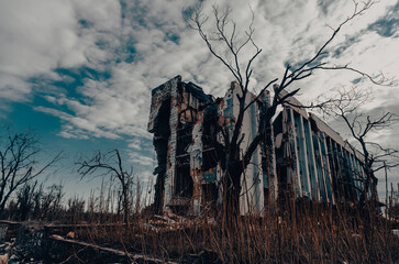 destroyed and burned houses in the city Russia Ukraine war
