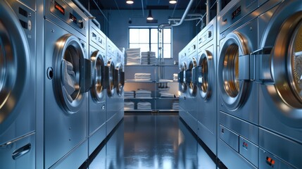 4 wet cleaning machines with clothes inside them, in a modern hi-tech busy dry cleaning business. Generative AI.