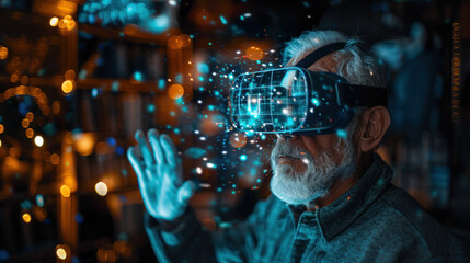 Old man getting new experiences with virtual reality device