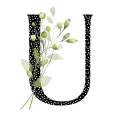 Letter U, floral monogram with watercolor leaf. Letterhead, initial perfectly for wedding invitation, greeting card, logo, poster and other design. Holiday design hand painting.