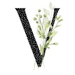 Letter V, floral monogram with watercolor leaf. Letterhead, initial perfectly for wedding invitation, greeting card, logo, poster and other design. Holiday design hand painting.