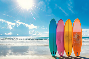 Colorful surfboards standing on a beautiful beach in summer time