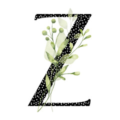 Letter Z, floral monogram with watercolor leaf. Letterhead, initial perfectly for wedding invitation, greeting card, logo, poster and other design. Holiday design hand painting.