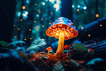 Glowing Magic Mushrooms in Dark Forest