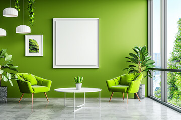 Inviting office room with minimalist furnishings and pops of bright color, featuring a blank white...