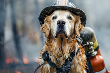 A Golden Retriever dressed as a firefighter, holding a hose.